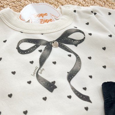 Conj. Casaco de Moletom Laço com Corações e Calça Legging - Off White e Preto